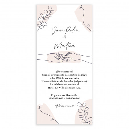 Convite de casamento cartão vertical com desenhos manuais de mãos e elementos decorativos