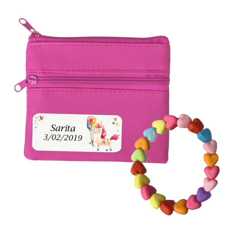 Pulseira infantil e carteira fúcsia personalizada com adesivo de unicórnio para detalhes