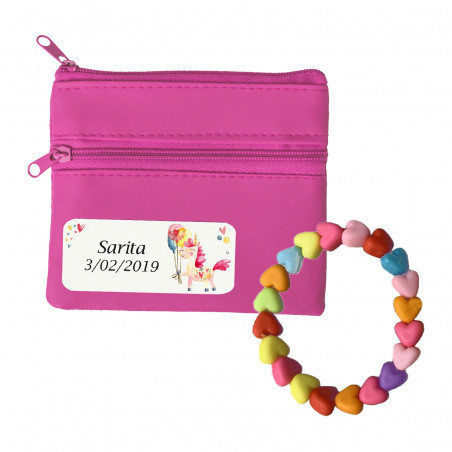 Pulseira infantil e carteira fúcsia personalizada com adesivo de unicórnio para detalhes