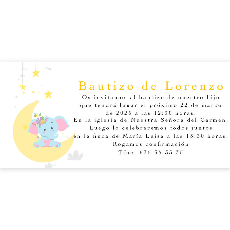 Convite para batizado design elefante com envelope branco