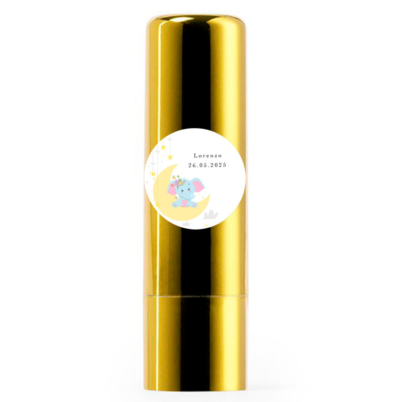 Bálsamo labial dourado com adesivo com design de elefante para detalhes de batizados