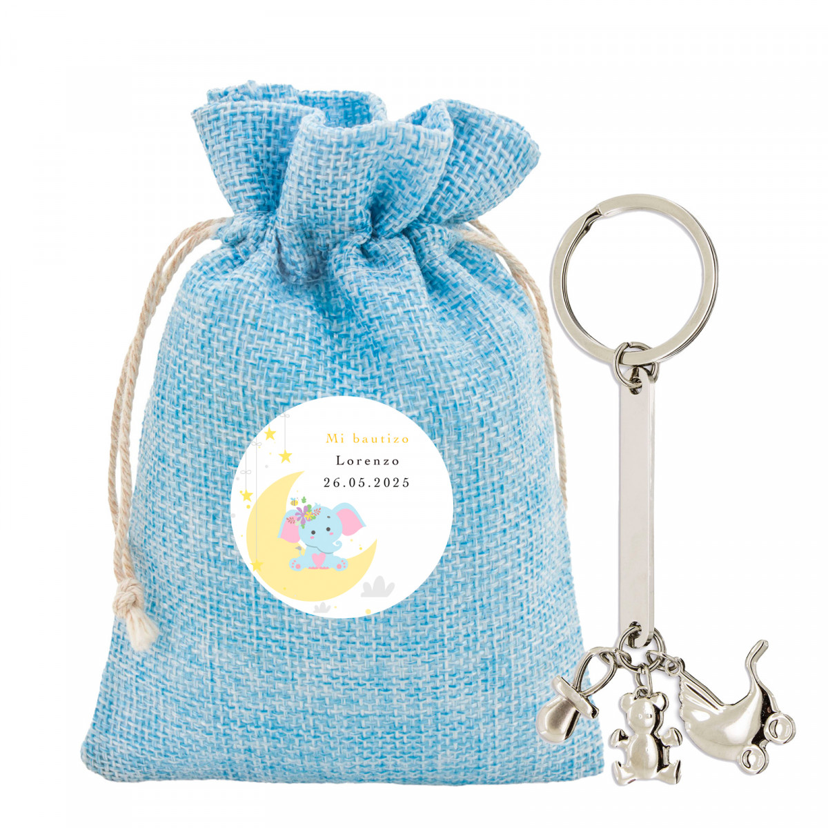 Chaveiro de batismo com charms em bolsa de tecido com adesivo personalizado de batismo com elefante