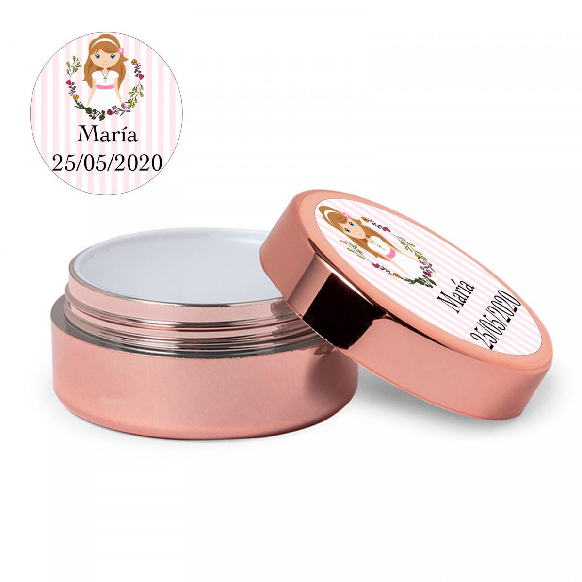 Bálsamo labial ouro rosa com adesivo primeira comunhão menina personalizável para lembranças