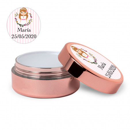Bálsamo labial ouro rosa com adesivo de primeira comunhão para menina personalizável para detalhes