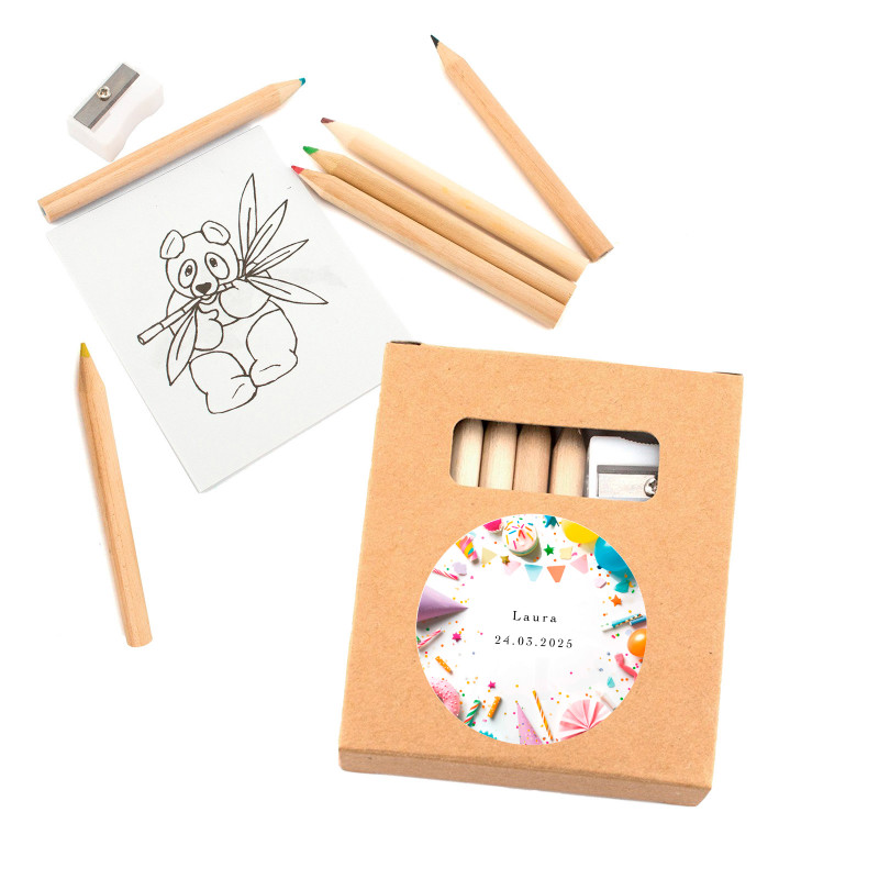 Estuche para colorir com folhas e lápis de cor e adesivo de aniversário personalizável para detalhes