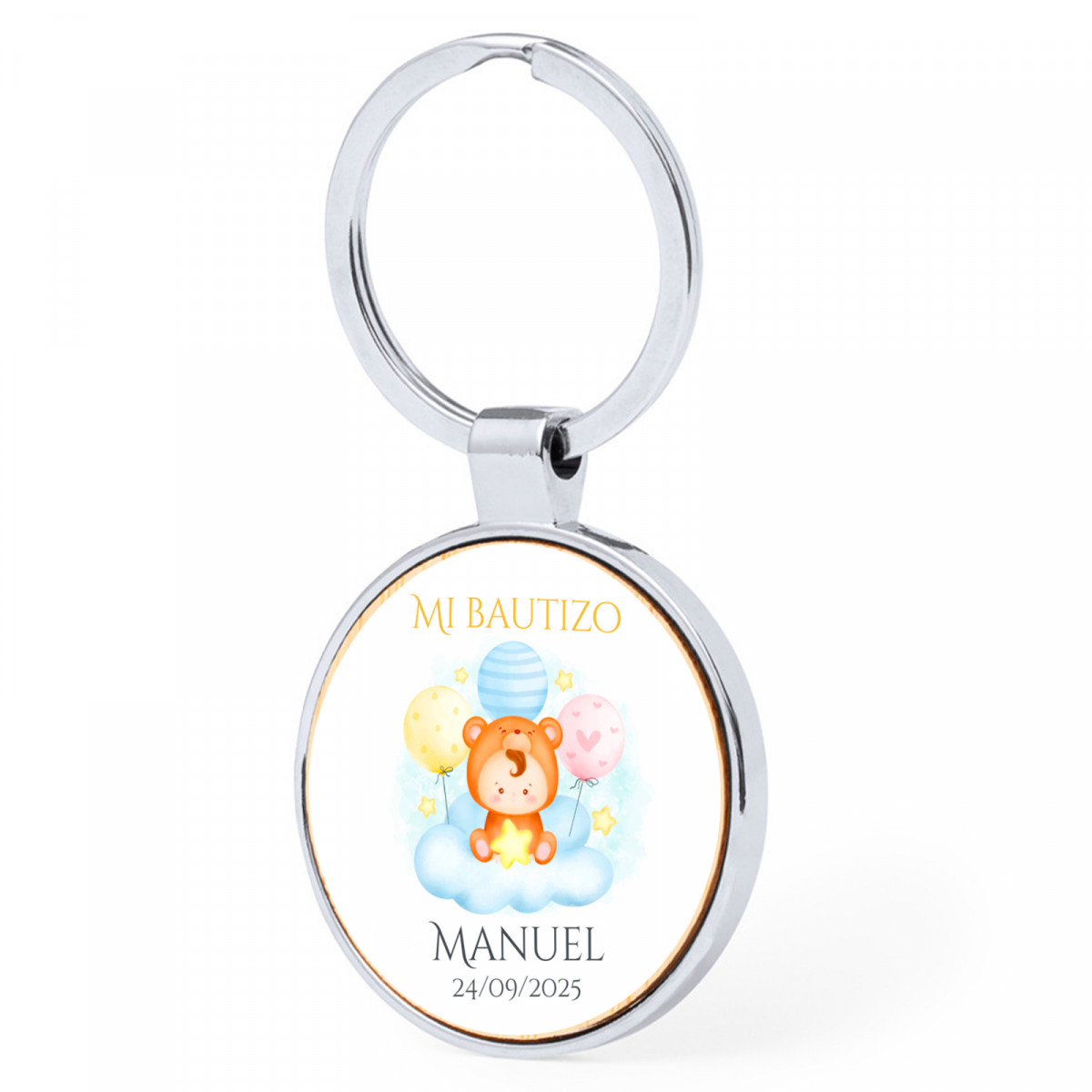 Chaveiro personalizável com adesivo bebê na nuvem para detalhes de batizado
