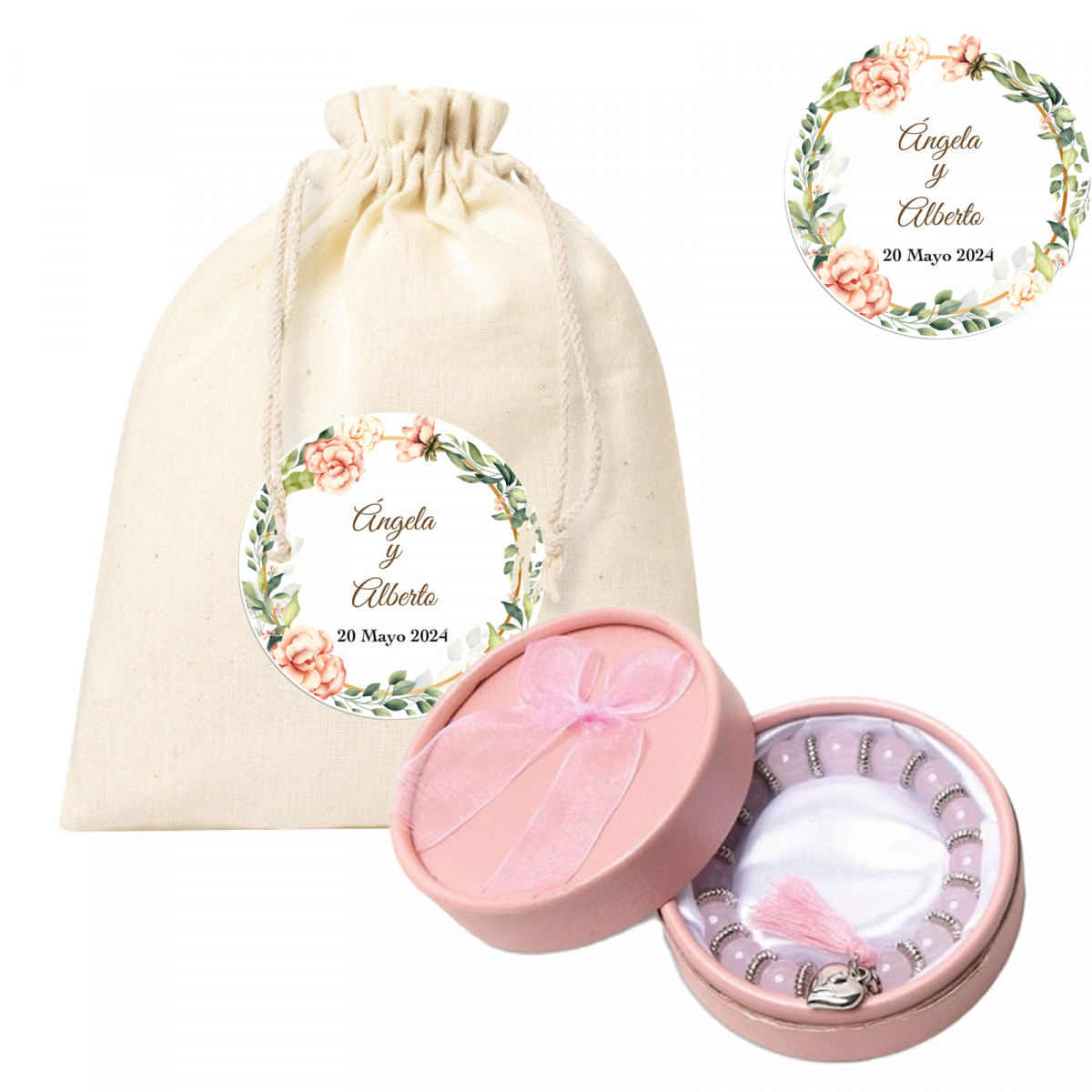 Pulseira rosa de contas com pompom em bolsa de algodão e adesivo personalizado para casamentos