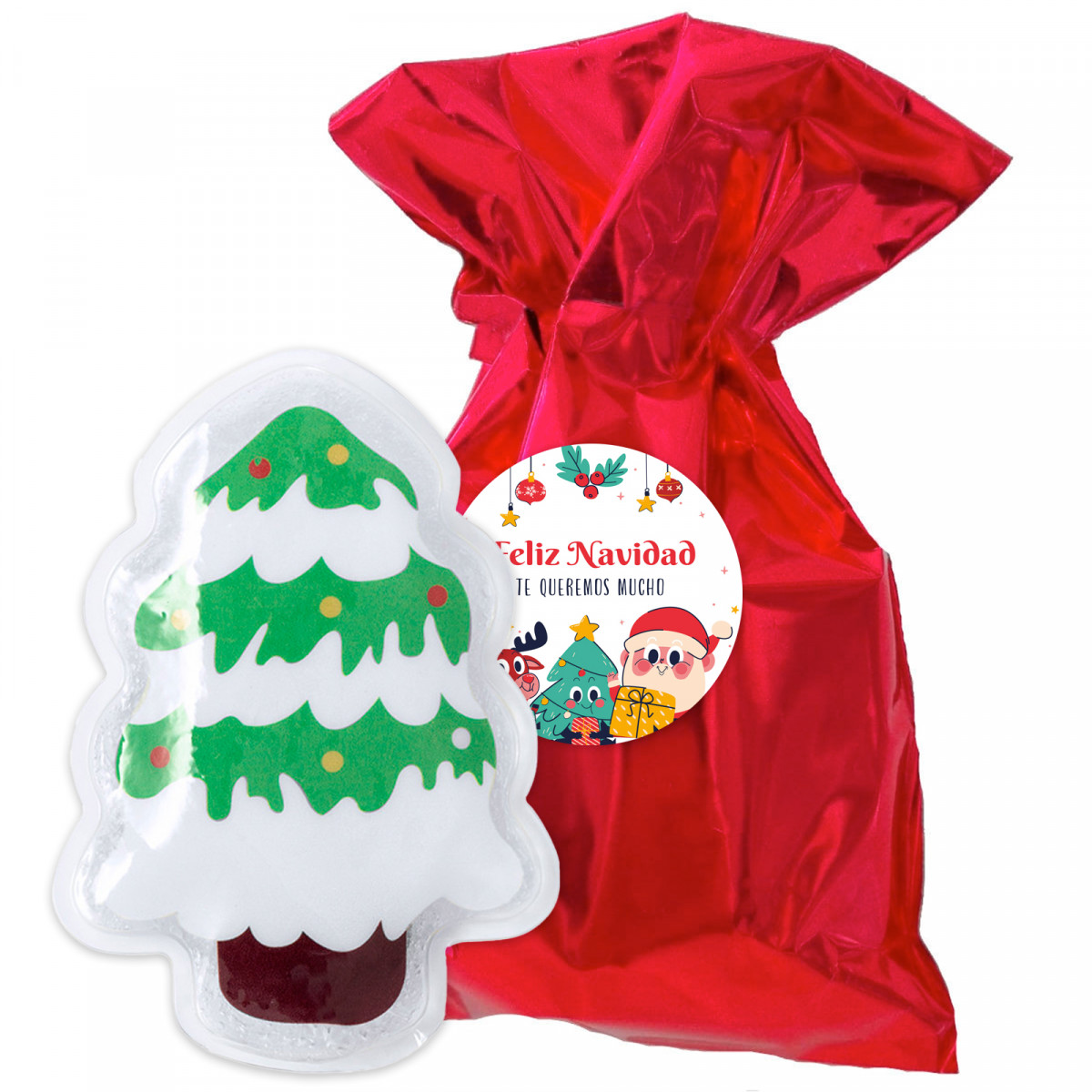 Aquece-mãos de Natal em bolsa metalizada e adesivo natalino para detalhes