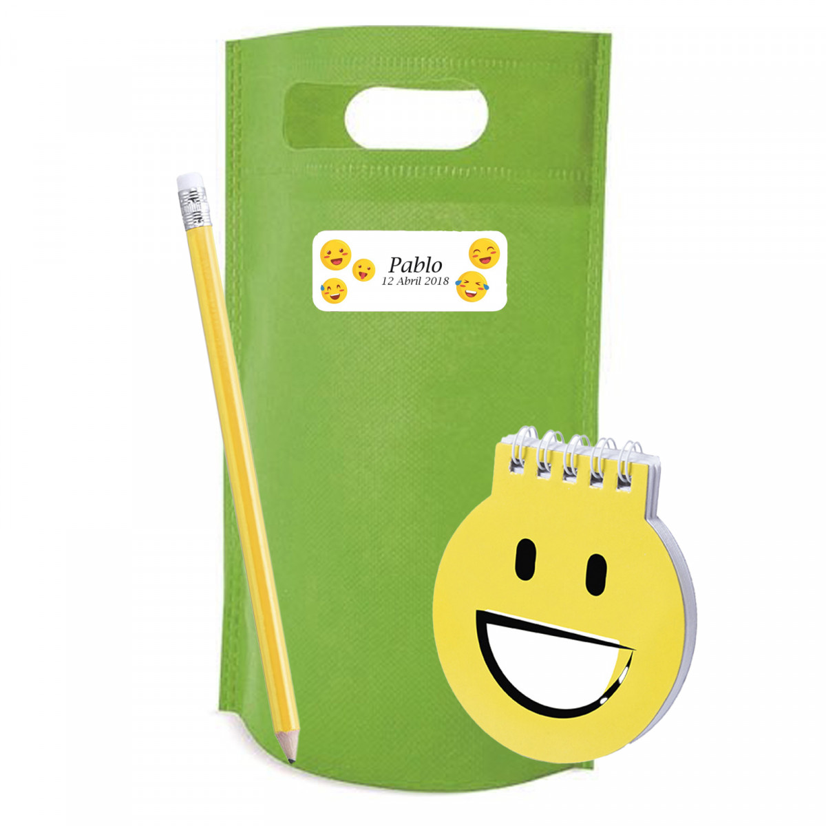 Caderno de emojis com lápis apresentado em bolsa e adesivo personalizado