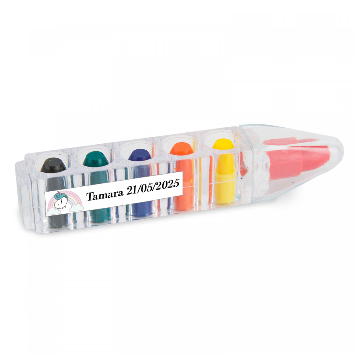 Ceras para colorir em estojo original e adesivo de agradecimento para detalhes