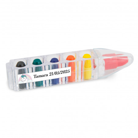 Ceras para colorir em estojo original e adesivo de agradecimento para detalhes