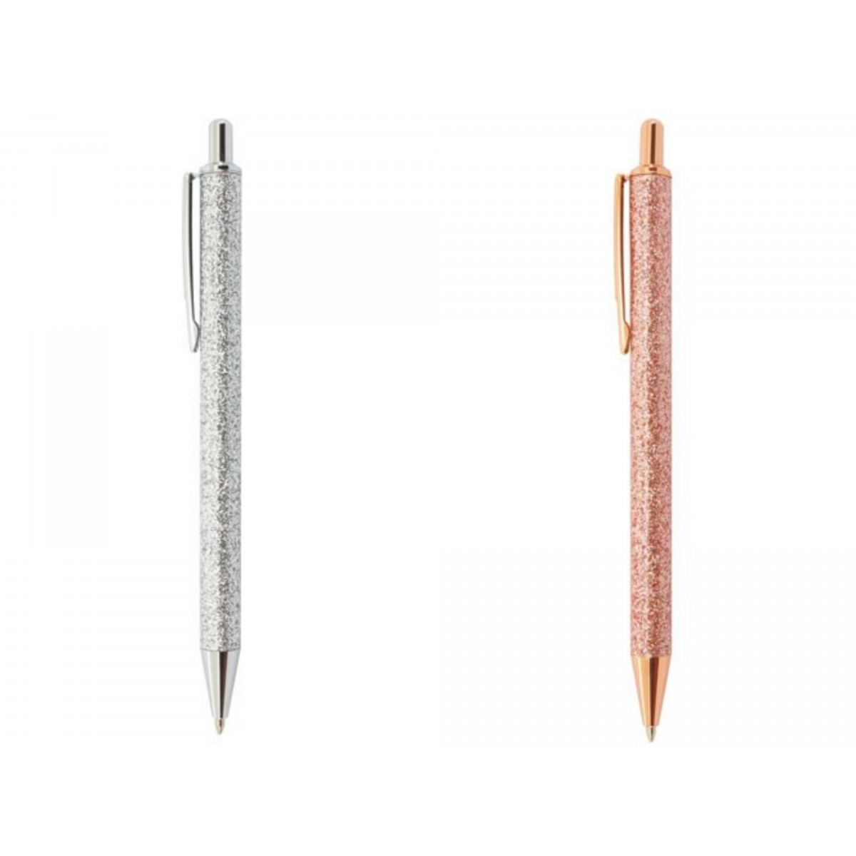 Caneta de Metal com Acabamento Glitter Encapsulado: Cores Prata e Ouro Rosé