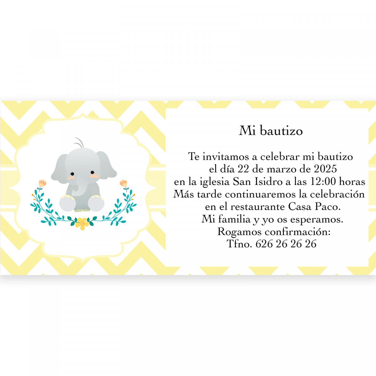 Convite para batizado design de elefante unissex com envelope branco