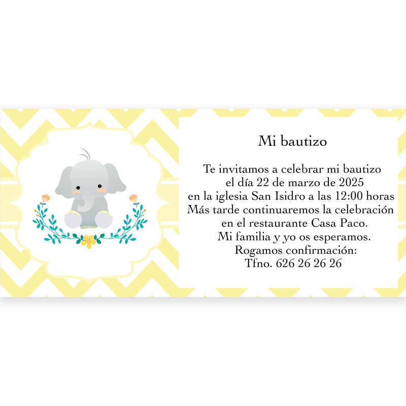 Convite para batizado design de elefante unissex com envelope branco