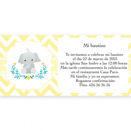 Convite para batizado design de elefante unissex com envelope branco