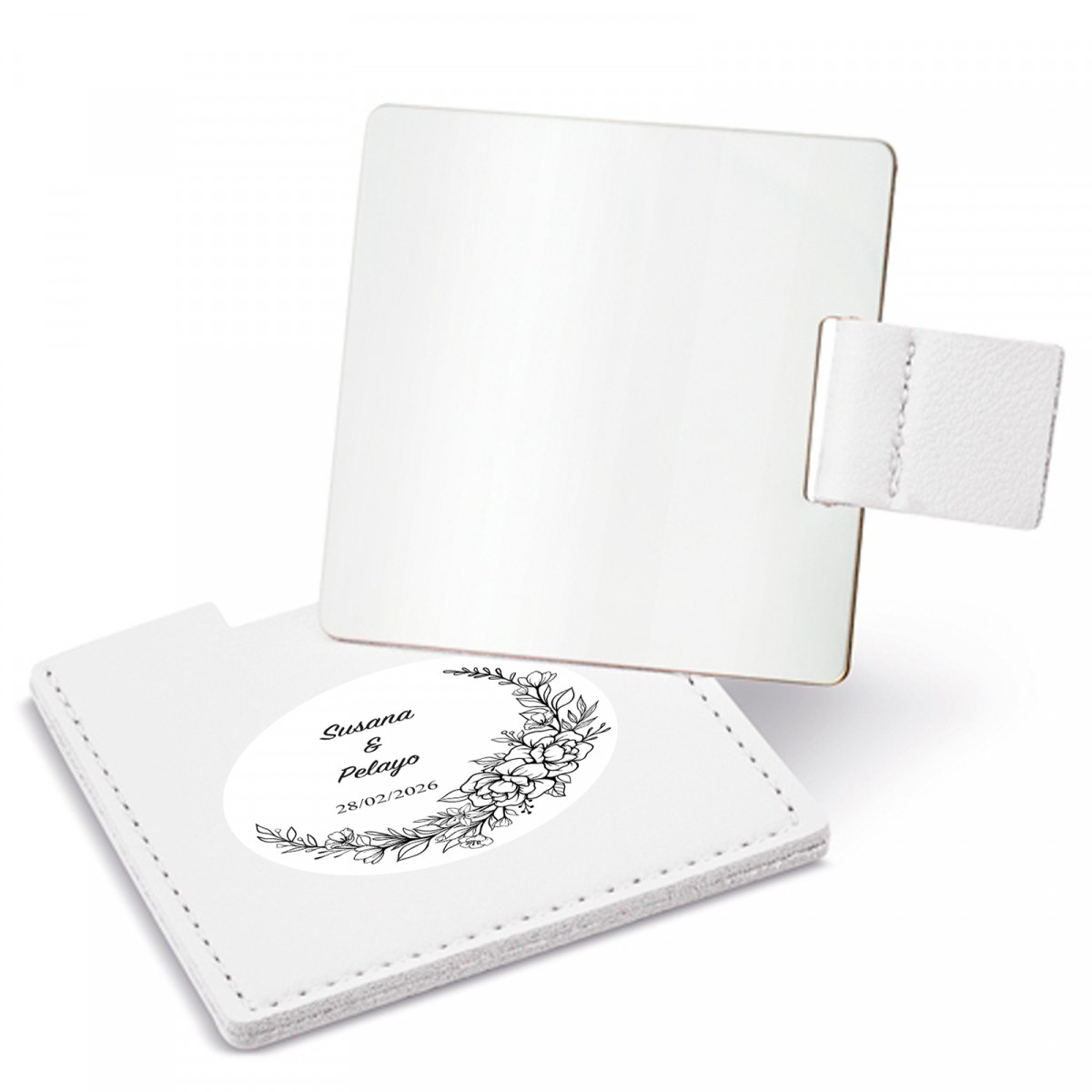 Espelho com capa e adesivo personalizável para detalhes de casamento