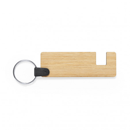 Chaveiro de bambu com suporte para celular em caixa de papelão e adesivos com frases de agradecimento