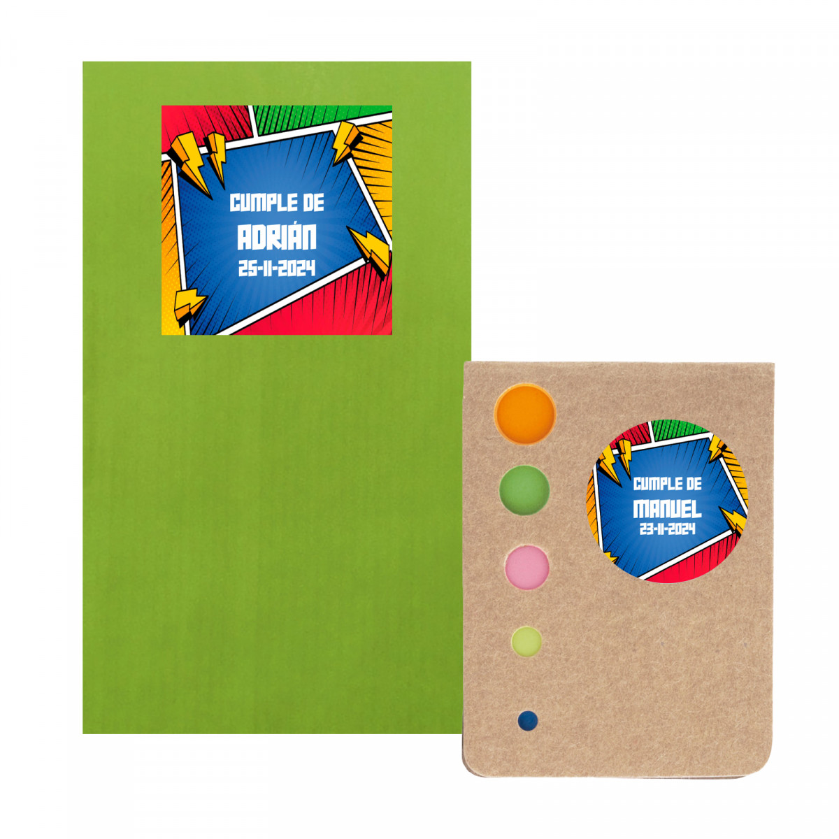 Bloco de notas post-it com envelope de kraft verde e adesivos personalizados