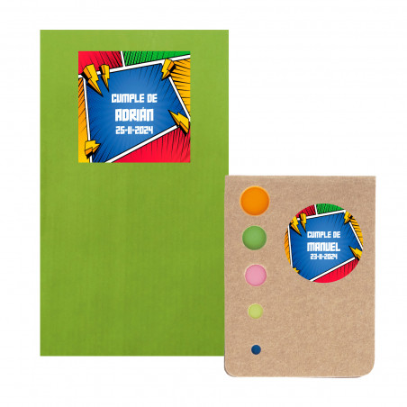 Bloco de notas post-it com envelope de kraft verde e adesivos personalizados
