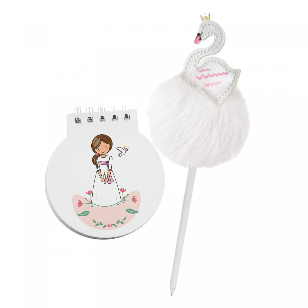 Caderno de comunhão de menina com caneta cisne com pompom