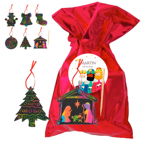 Adornos natalinos scrapy em bolsa metalizada com adesivo reis magos personalizável para detalhes