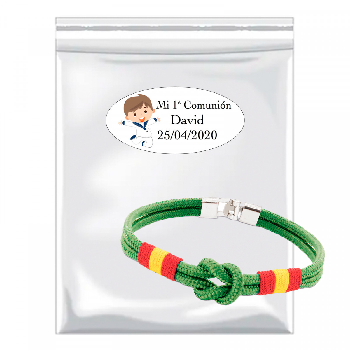 Pulseira de corda em bolsa transparente com adesivo de primeira comunhão para lembrancinhas