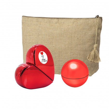 Necessaire de juta com difusor e bálsamo labial com adesivo personalizado para presentear