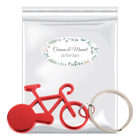 Porta chaves de bicicleta apresentado num saco com aba adesiva e autocolante de ervas personalizável