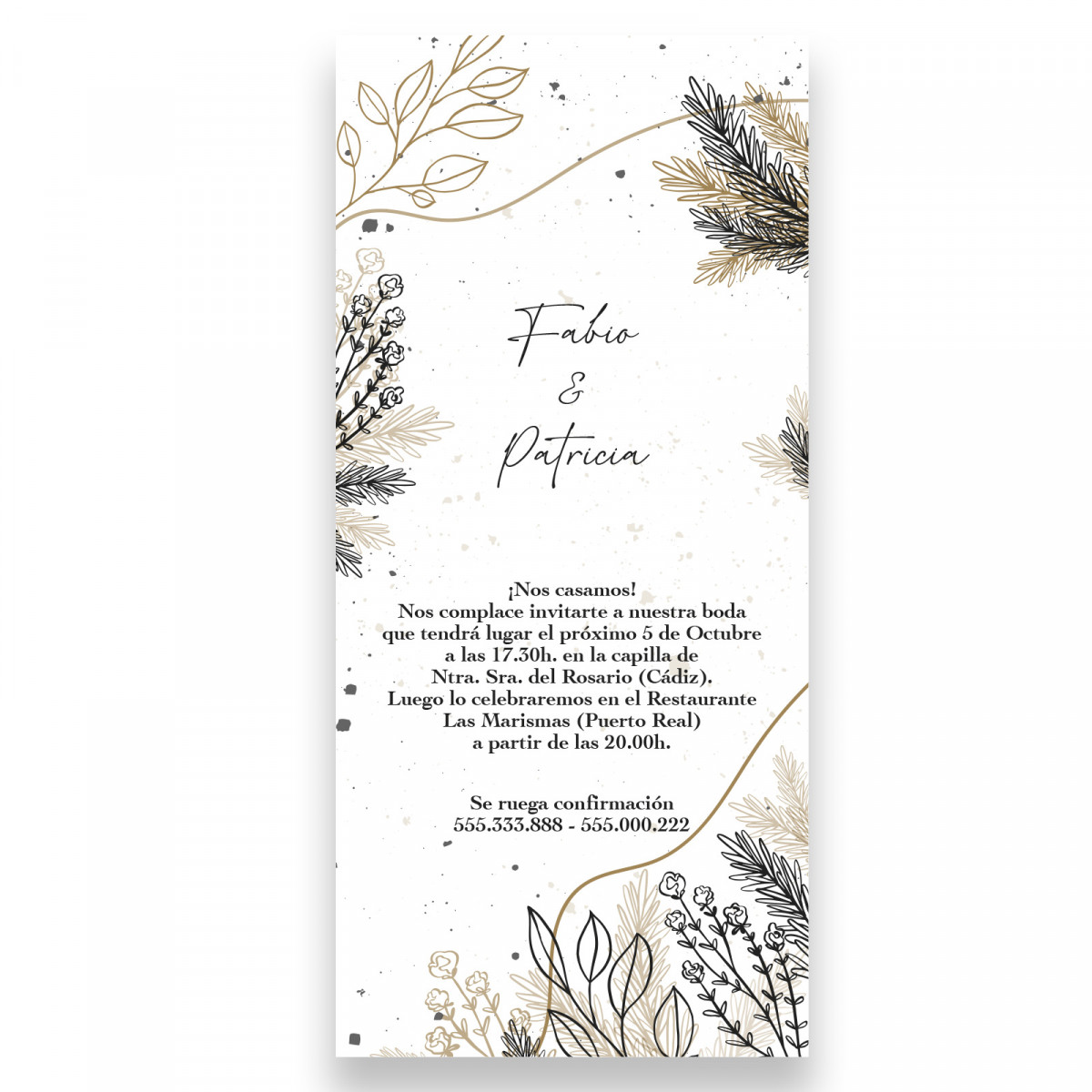 Convite cartão vertical com design de flores e folhas impresso em papel para casamentos e eventos