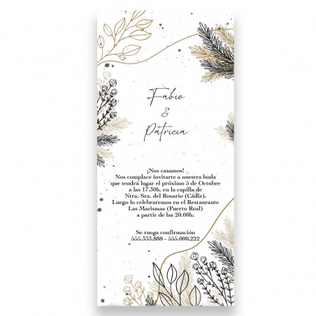 Convite cartão vertical com design de flores e folhas impresso em papel para casamentos e eventos