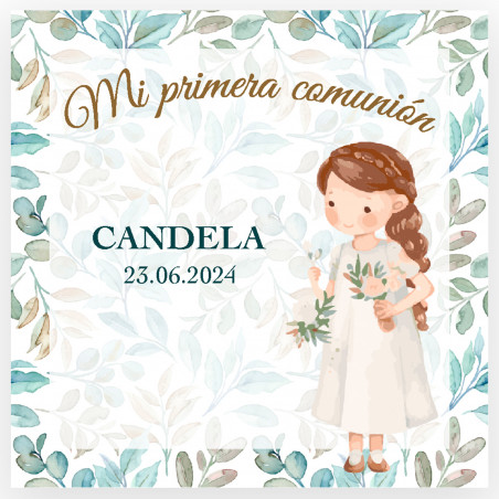 Caneta com lousa detalhe pistache e giz e cartão personalizado em caixa de apresentação para comunhão