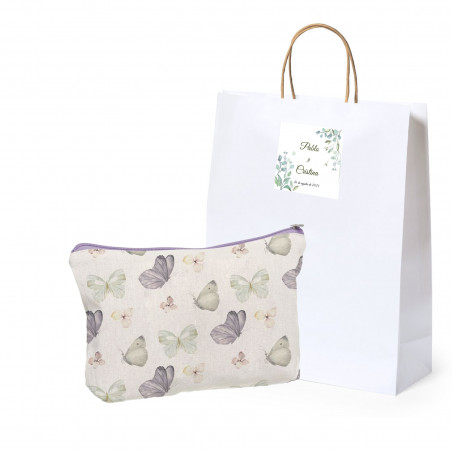 Necessaire de algodão com design de borboletas apresentado em bolsa personalizada para presentear