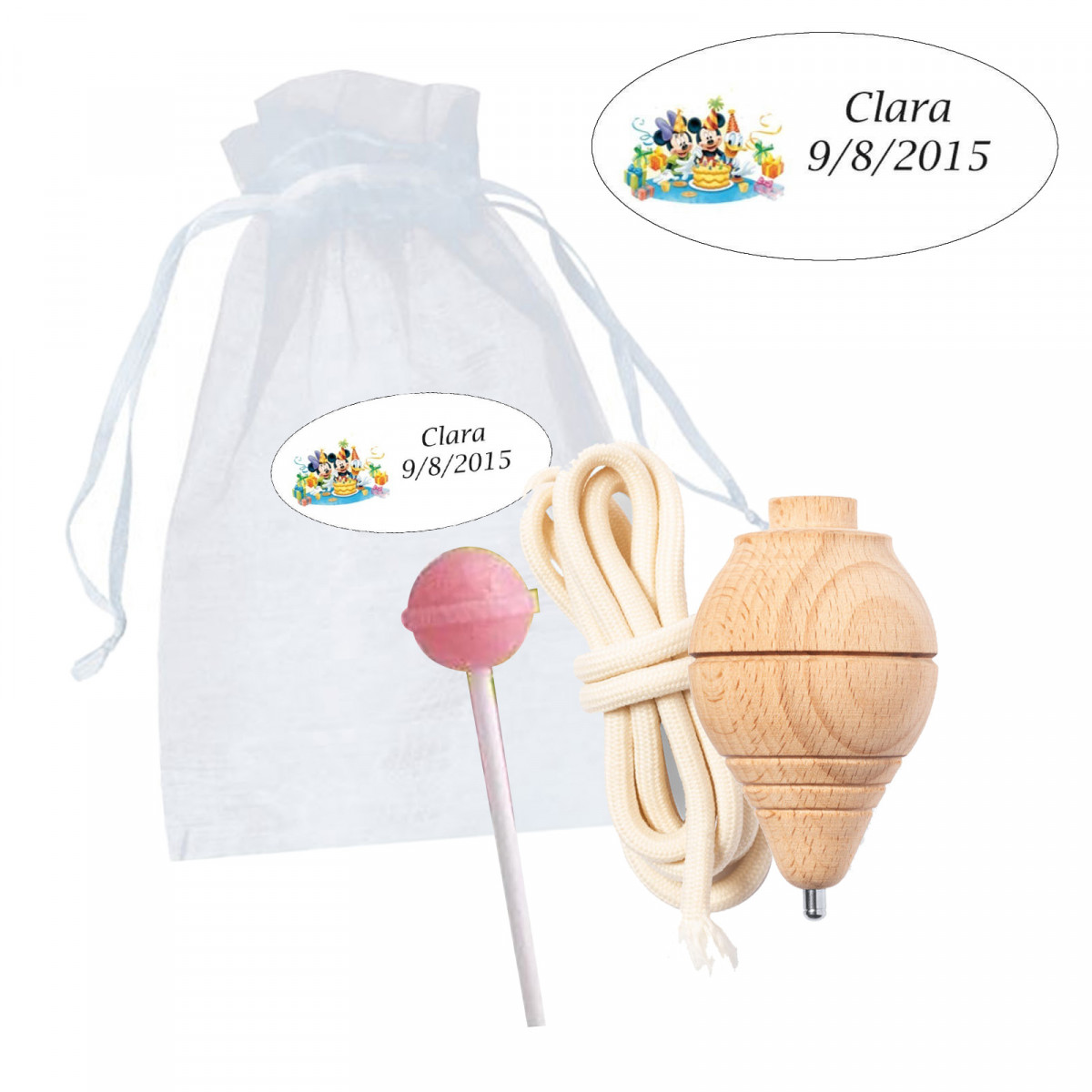 Peão de madeira e pirulito em bolsa de organza com adesivo personalizado do Mickey Mouse para aniversário