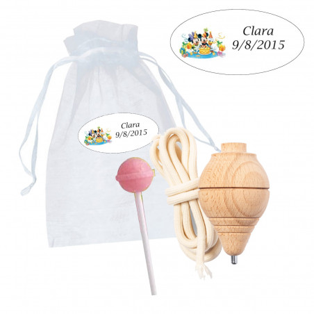Peão de madeira e pirulito em bolsa de organza com adesivo personalizado do Mickey Mouse para aniversário