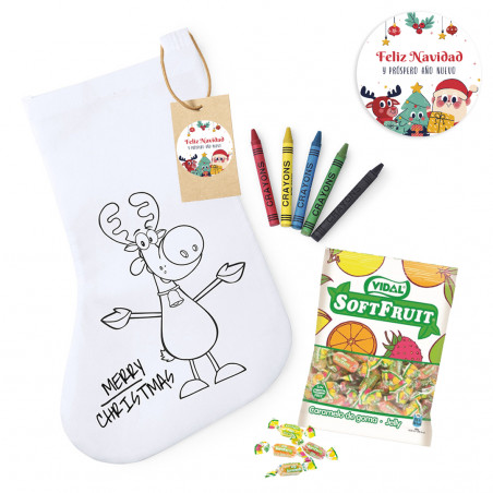 Meia de Natal para colorir personalizada com giz de cera e bolsa de doces detalhe infantil