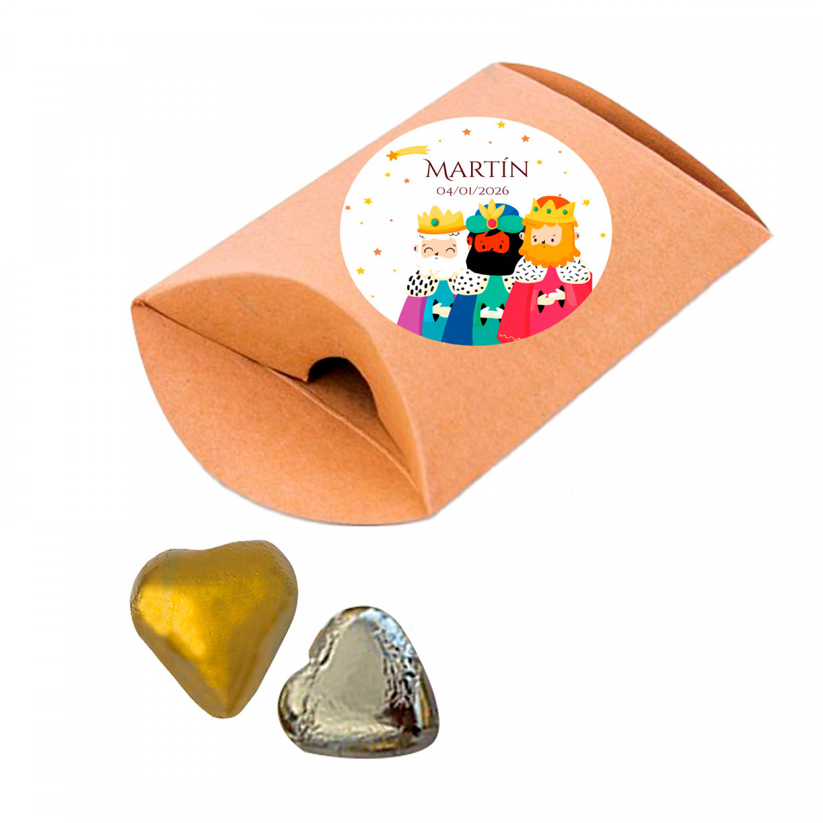 Bombons recheados com creme em envelope kraft com adesivo dos Reis Magos personalizável para lembranças