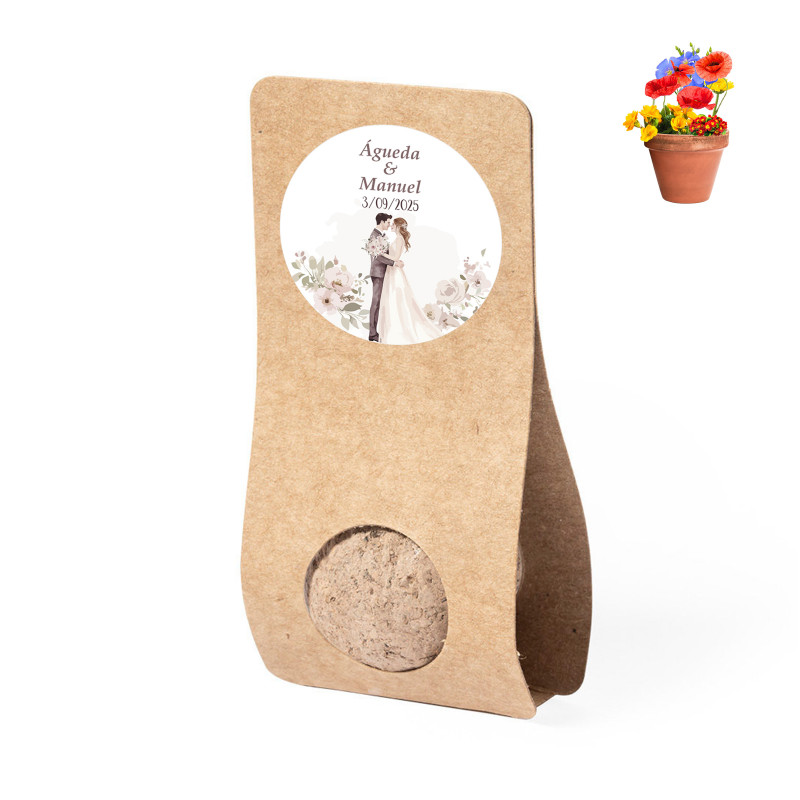 Sementes de flores em forma de bombom com adesivo personalizável para lembrança de casamento