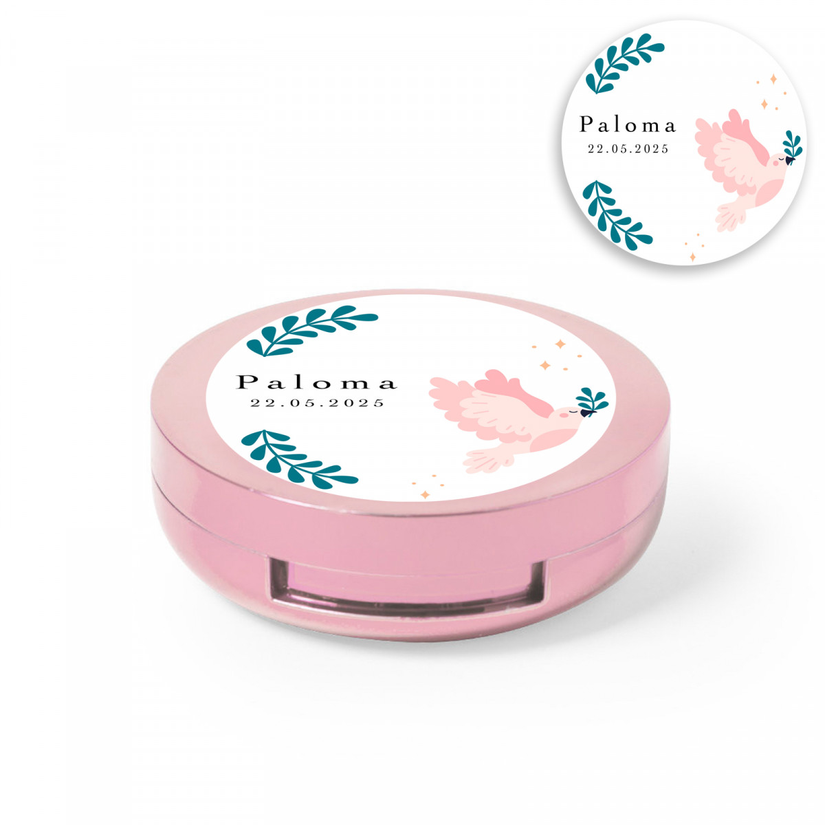 Bálsamo labial rosa com espelho integrado e adesivo personalizado com pomba da paz