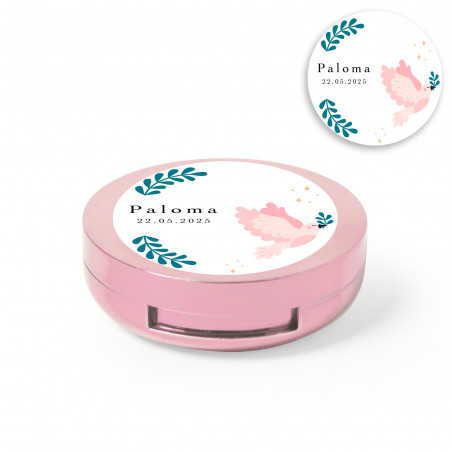 Bálsamo labial rosa com espelho integrado e adesivo personalizado com pomba da paz