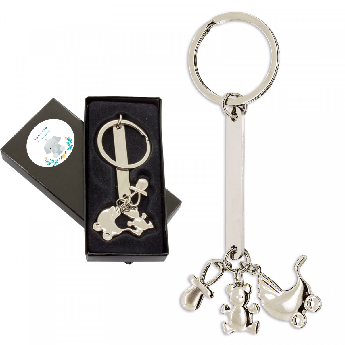 Chaveiro com charms para batizado apresentado em elegante caixa com adesivo personalizado para detalhes