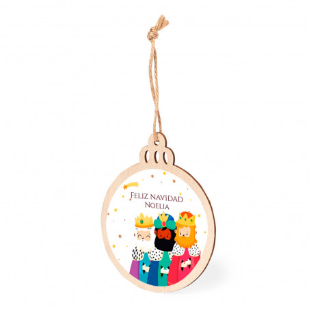 Enfeite bola de Natal de madeira com adesivo dos Reis Magos personalizado para detalhes