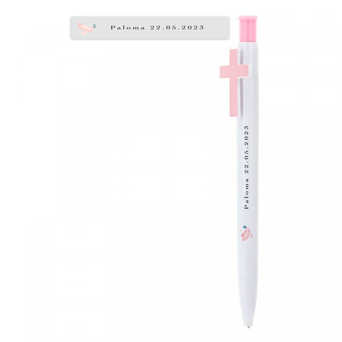 Caneta personalizada para comunhão com cruz rosa e detalhe de pomba em vinil transparente