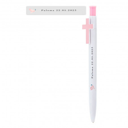 Caneta personalizada para comunhão com cruz rosa e detalhe de pomba em vinil transparente