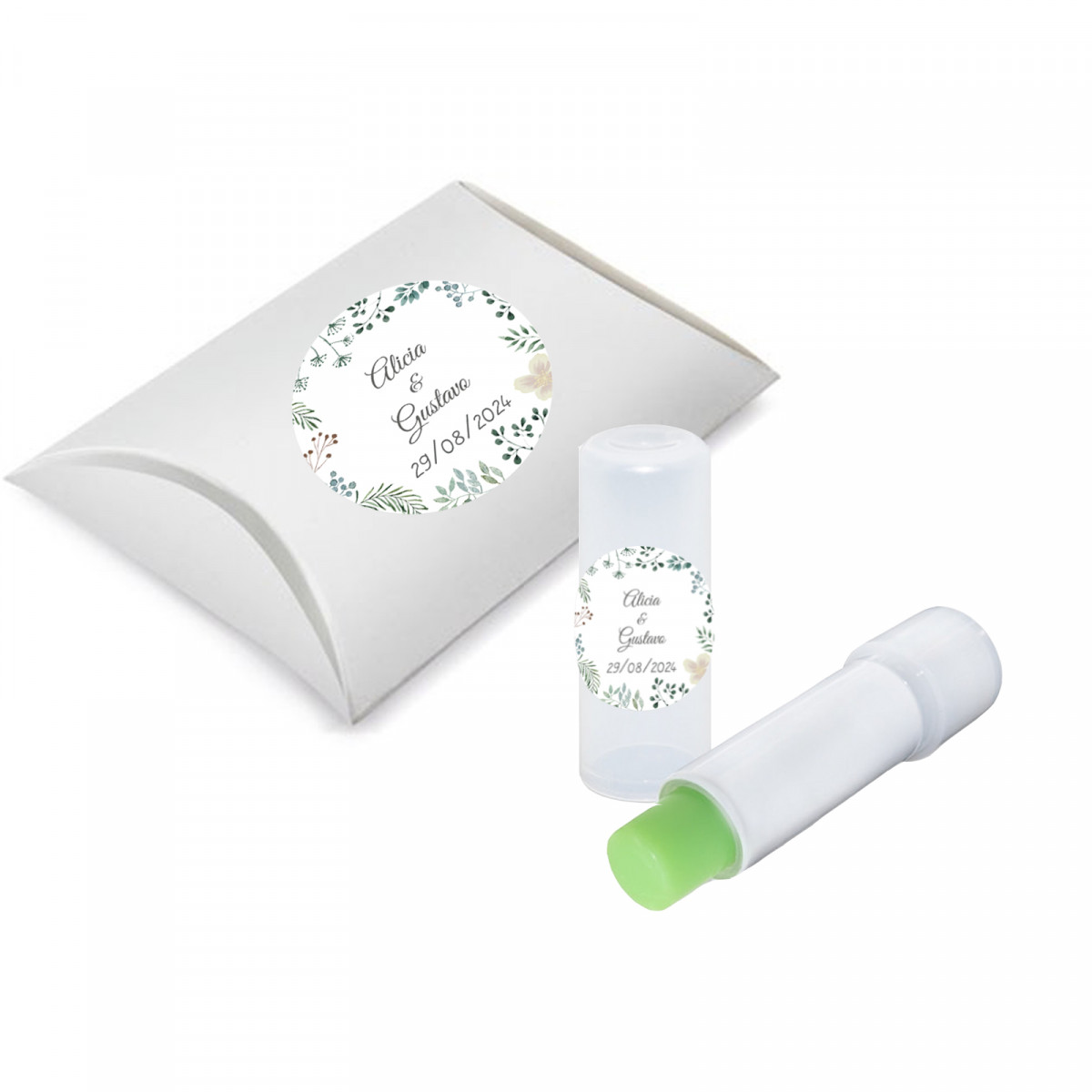 Bálsamo labial de aloe vera personalizado com caixinha prateada para presentear