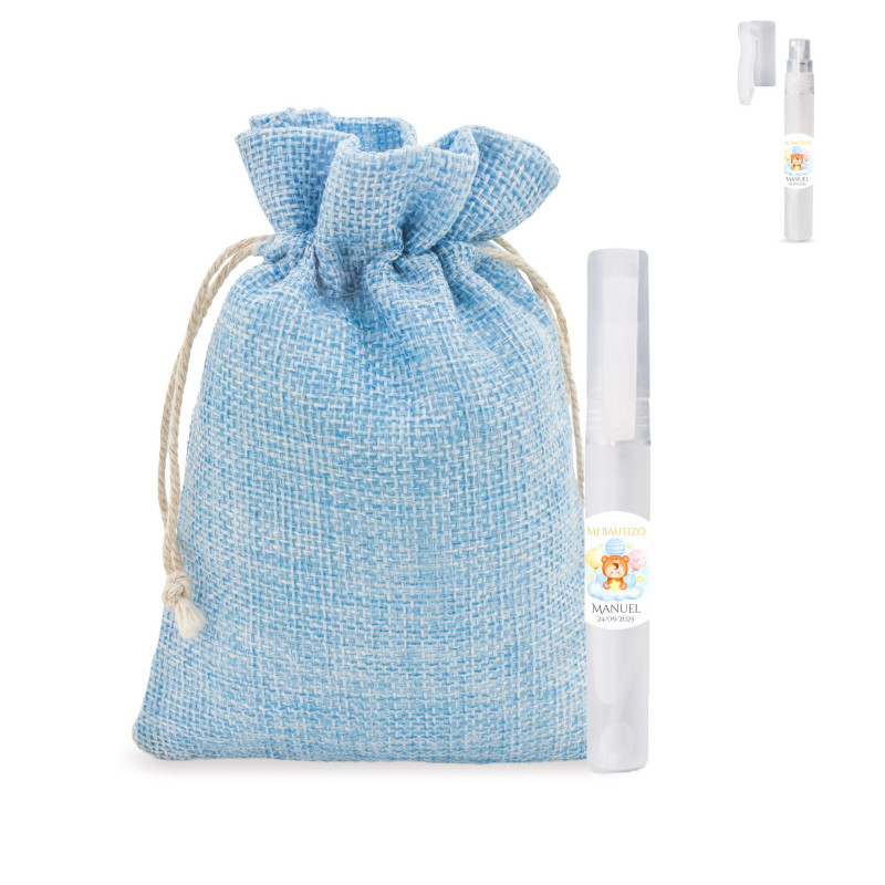Dosificador para perfume com adesivo de batizado e bolsa para presentear