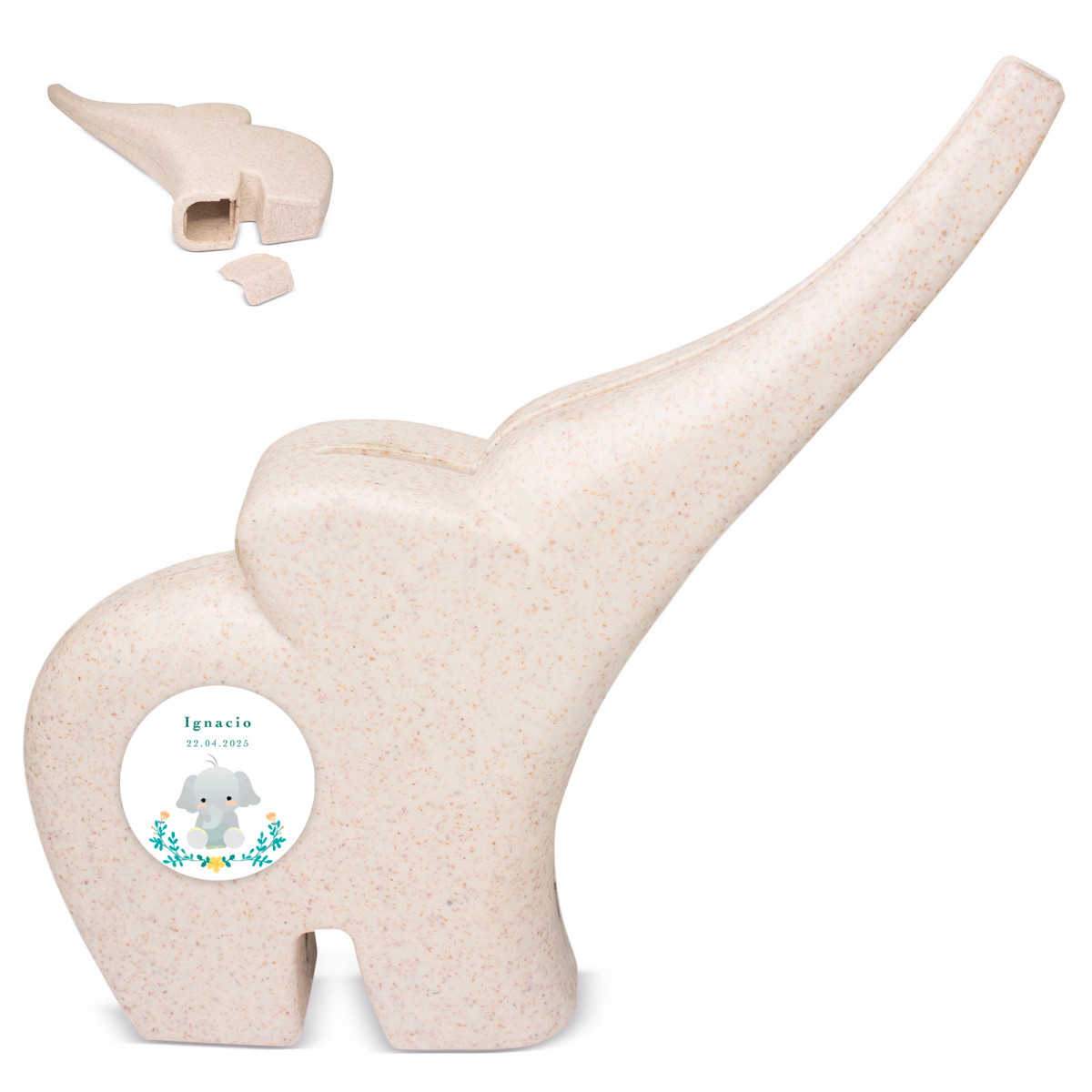 Porquinho de elefante com adesivo personalizável para detalhes de batizado