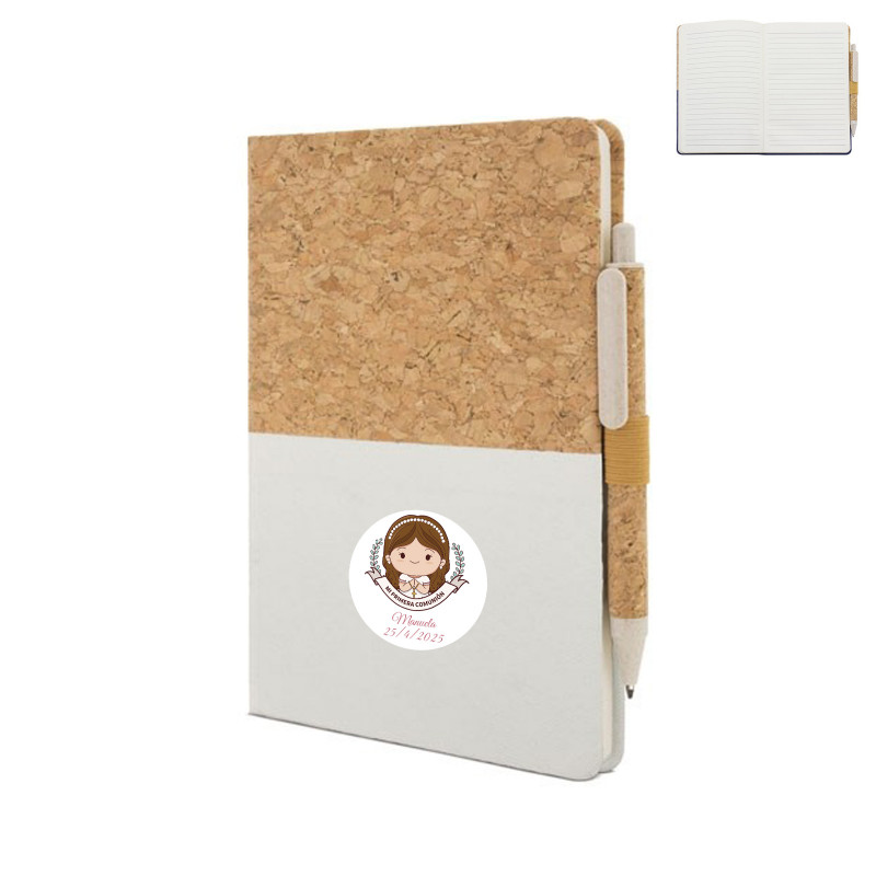 Caderno de cortiça personalizado com adesivo de comunhão de menina