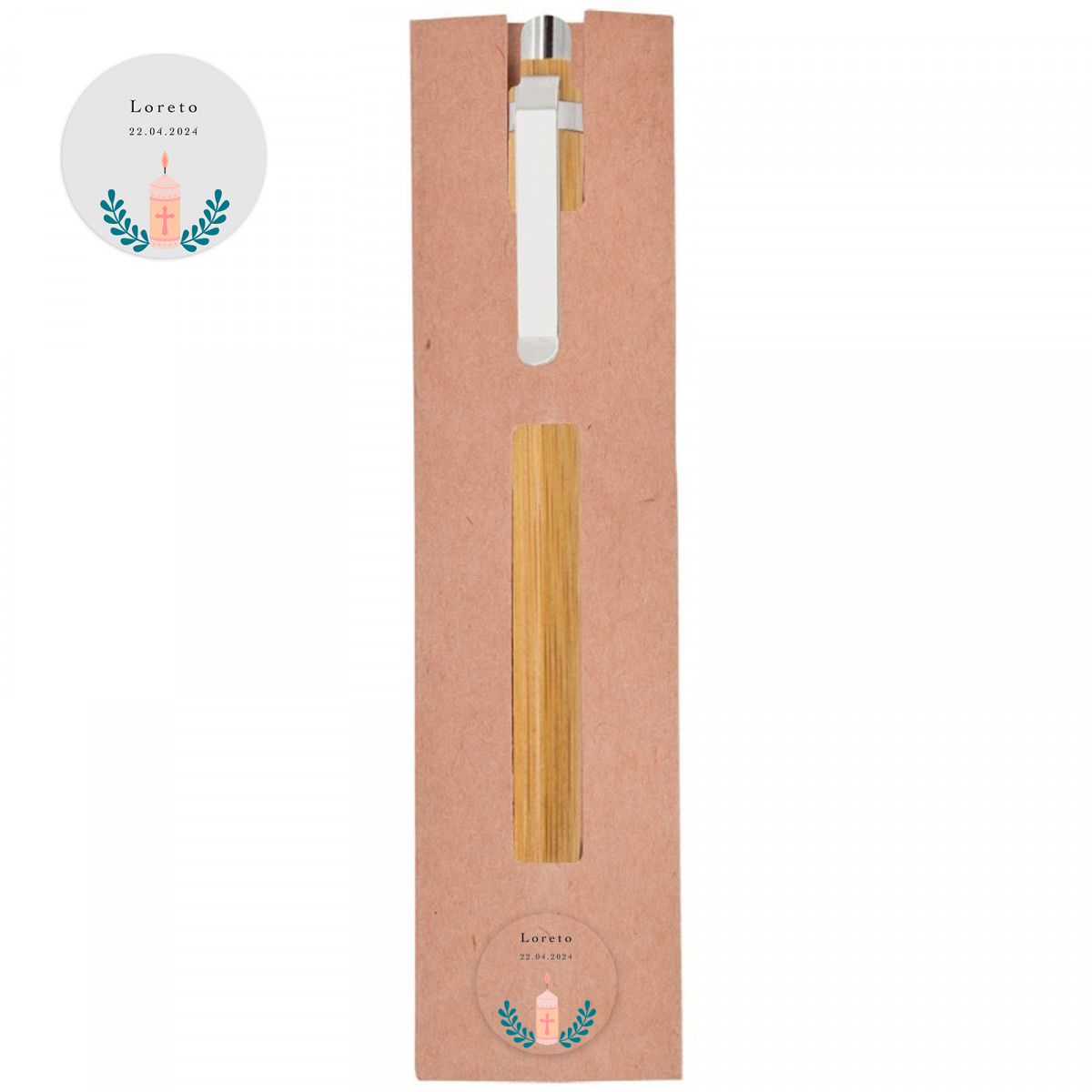 Caneta de bambu com capa e adesivo transparente para detalhes da primeira comunhão