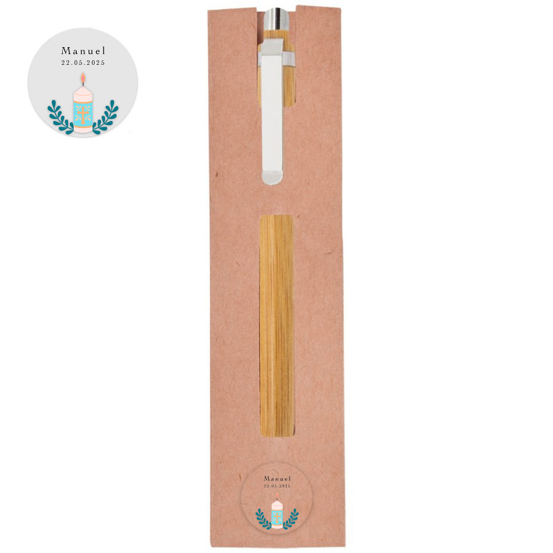 Caneta de bambu com capa e adesivo transparente para detalhes de primeira comunhão