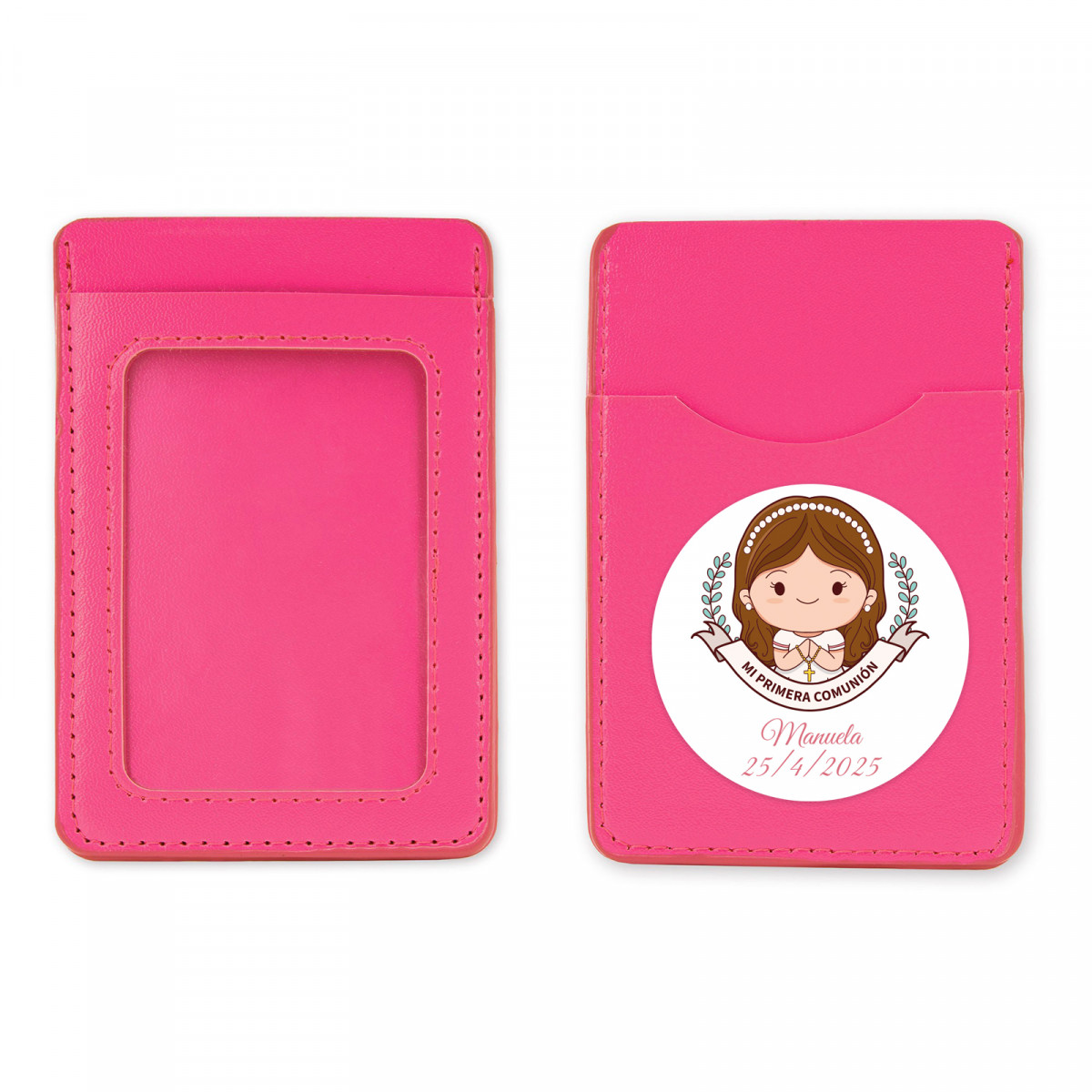 Porta-cartões rosa com adesivo de primeira comunhão para lembranças